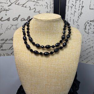 Vintage 1950s Black Faceted Lucite Necklace Double Strand J-Hook Clasp AS-IS